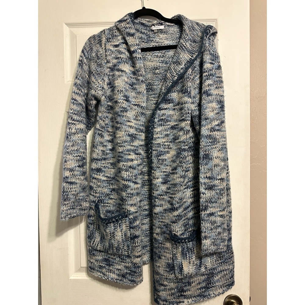 Sioni thick knit open front long Hooded Cardigan - Large - Denim Blue